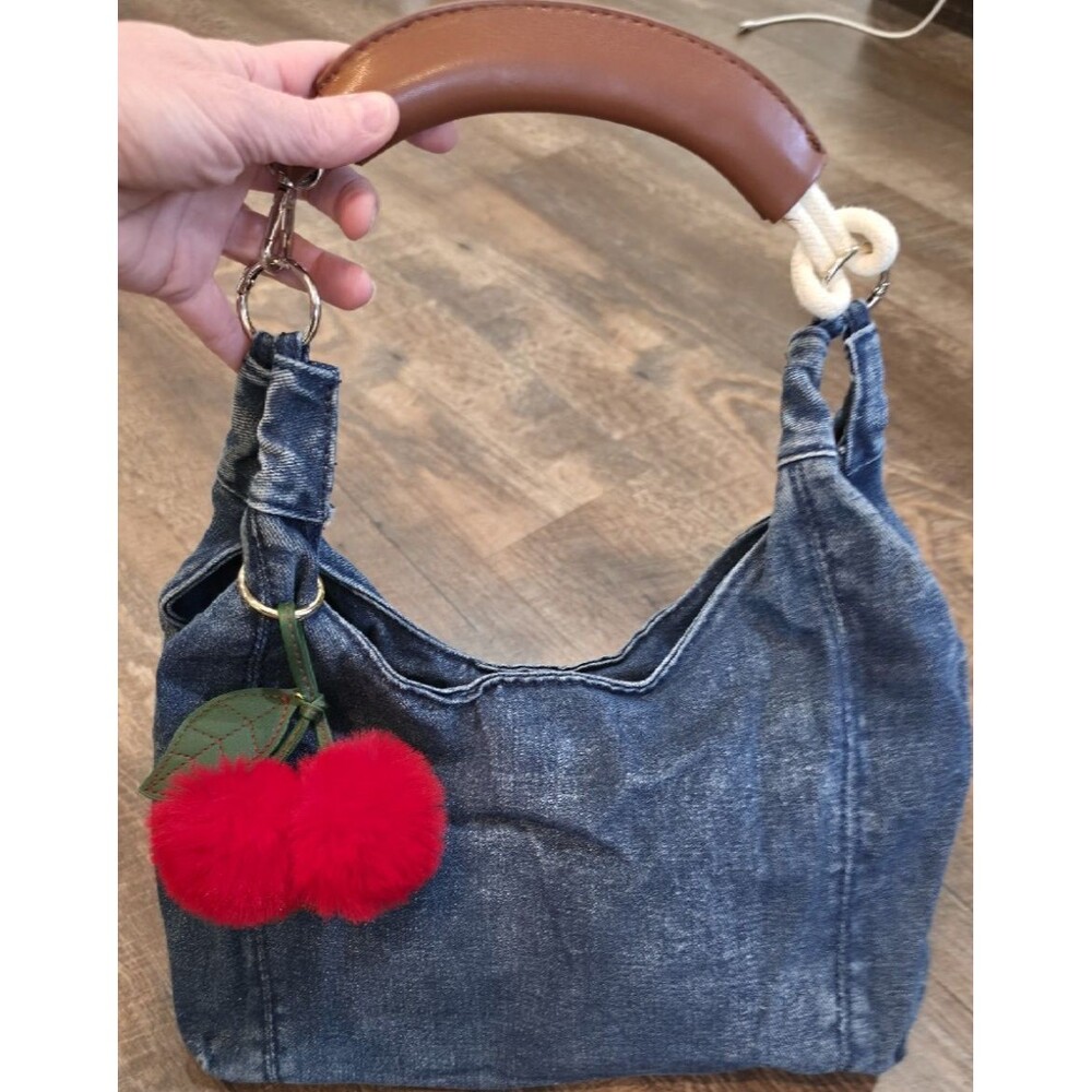 Blue Top Handle Bag Cherry Pom Pom Charm Silver Hardware Women Rectangle